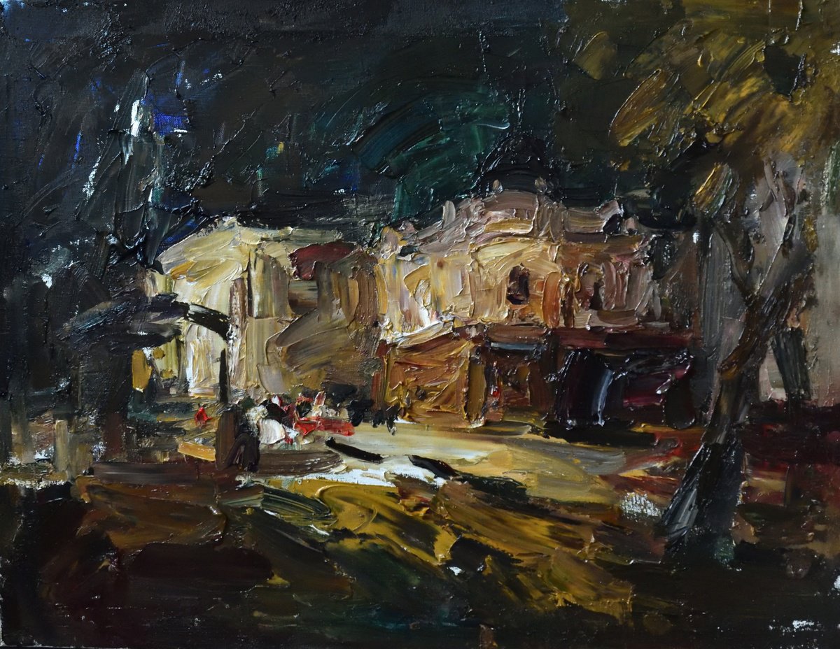 Expressive Cityscapes Oil Painting By Stanislava Cherkasova, 35 X 28", Night City, Original Artwork