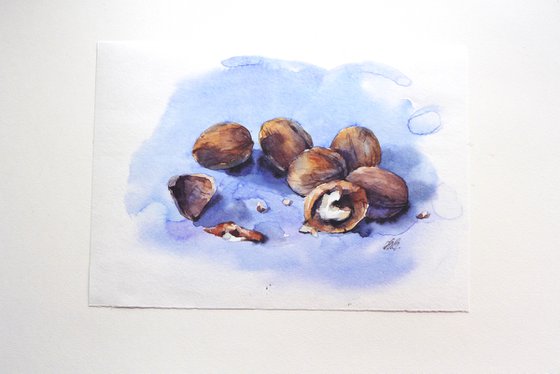 Watercolor still life of walnuts, Vegetarian art for kitchen