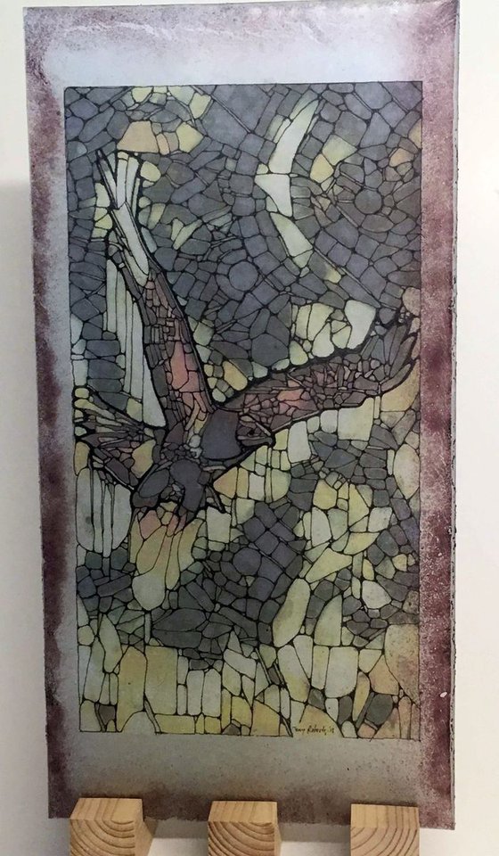 'Buzzard' - ink on silk and glass