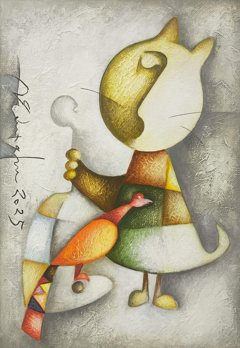 Naive Acrylic Painting , Quiet Companion By Sargis Zakarian, 9 X 13, Artwork For Sale On Artfinder