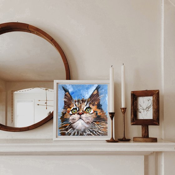 Cat Oil Painting Maine Coon Original Art Meme Pet Artwork Tabby Cat Portrait