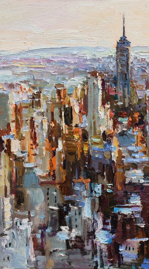 Sunrise in New York City - morning urban landscape painting by Anastasiia Valiulina