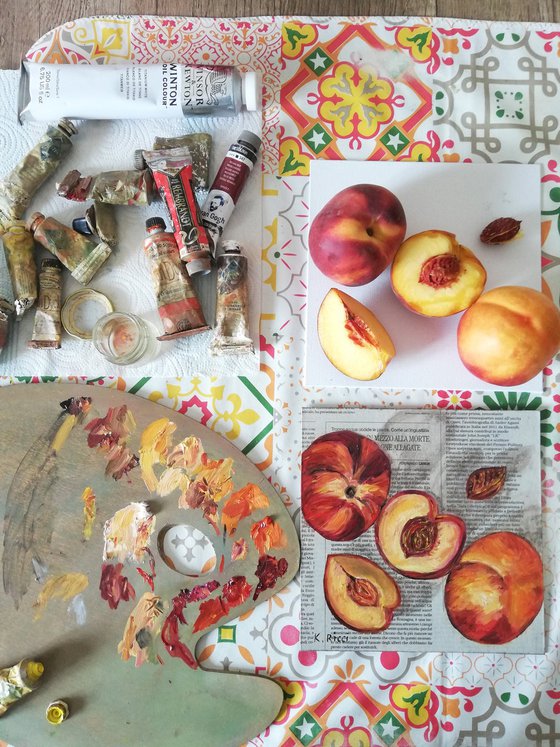 "Peaches on Newspaper" Original Oil on Wooden Board Painting 8 by 8"(20x20cm)