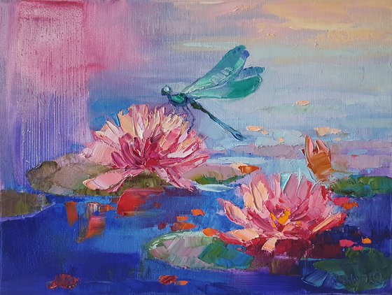 Lilies and dragonfly