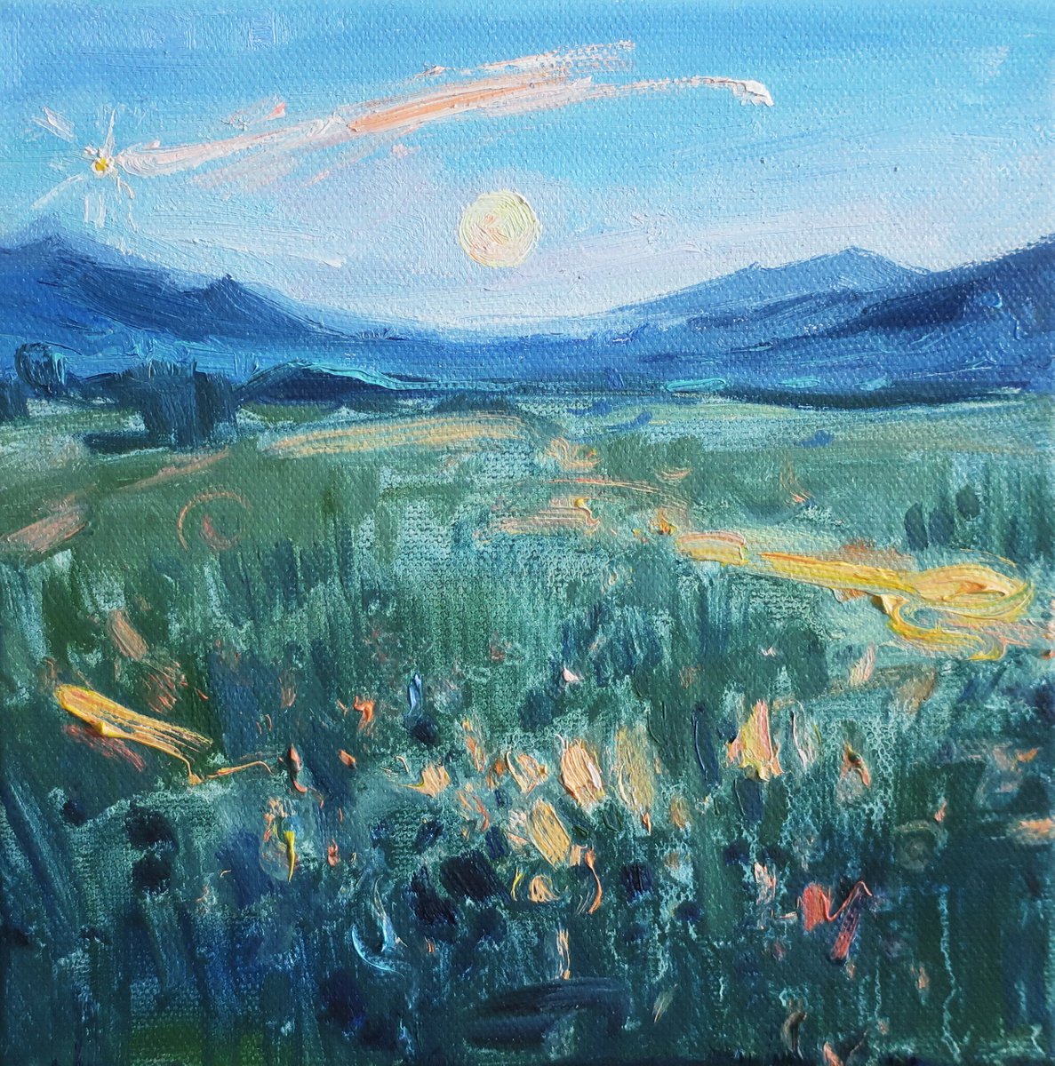 Oil painting Landscape Mountains Field by Anna Shchapova