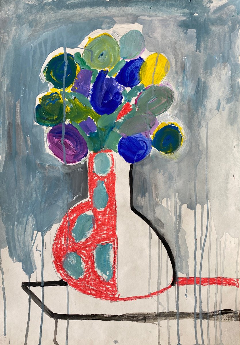 Naive Botanical Acrylic Painting By Liubov Ro, 16 X 24", Flowers In Vase, Original Artwork