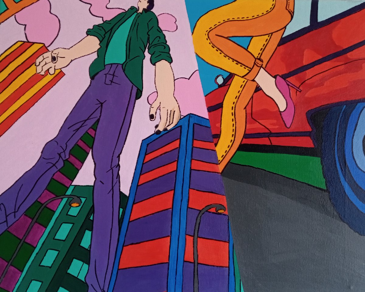 Urban And Pop Portrait Acrylic Painting By Corinne Hamer, 20 X 16, Head In The Clouds, Original Artwork