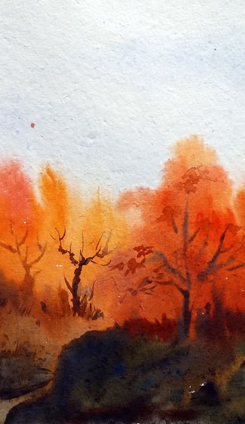Autumn Mountain Forest - Watercolor on Paper Painting by Samiran Sarkar