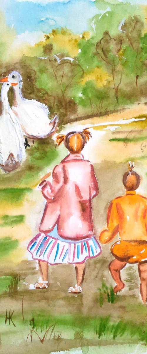 Sisters Painting Kid Original Art Girls and Gooses Small Watercolor Artwork 8 by 12 inches by Halyna Kirichenko