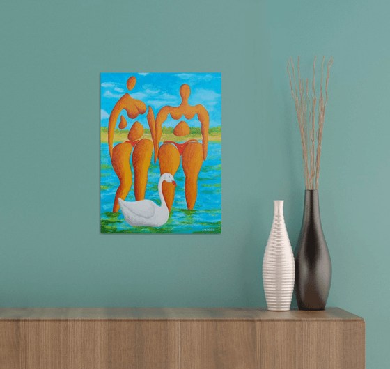 Bathing girlfriens with swan