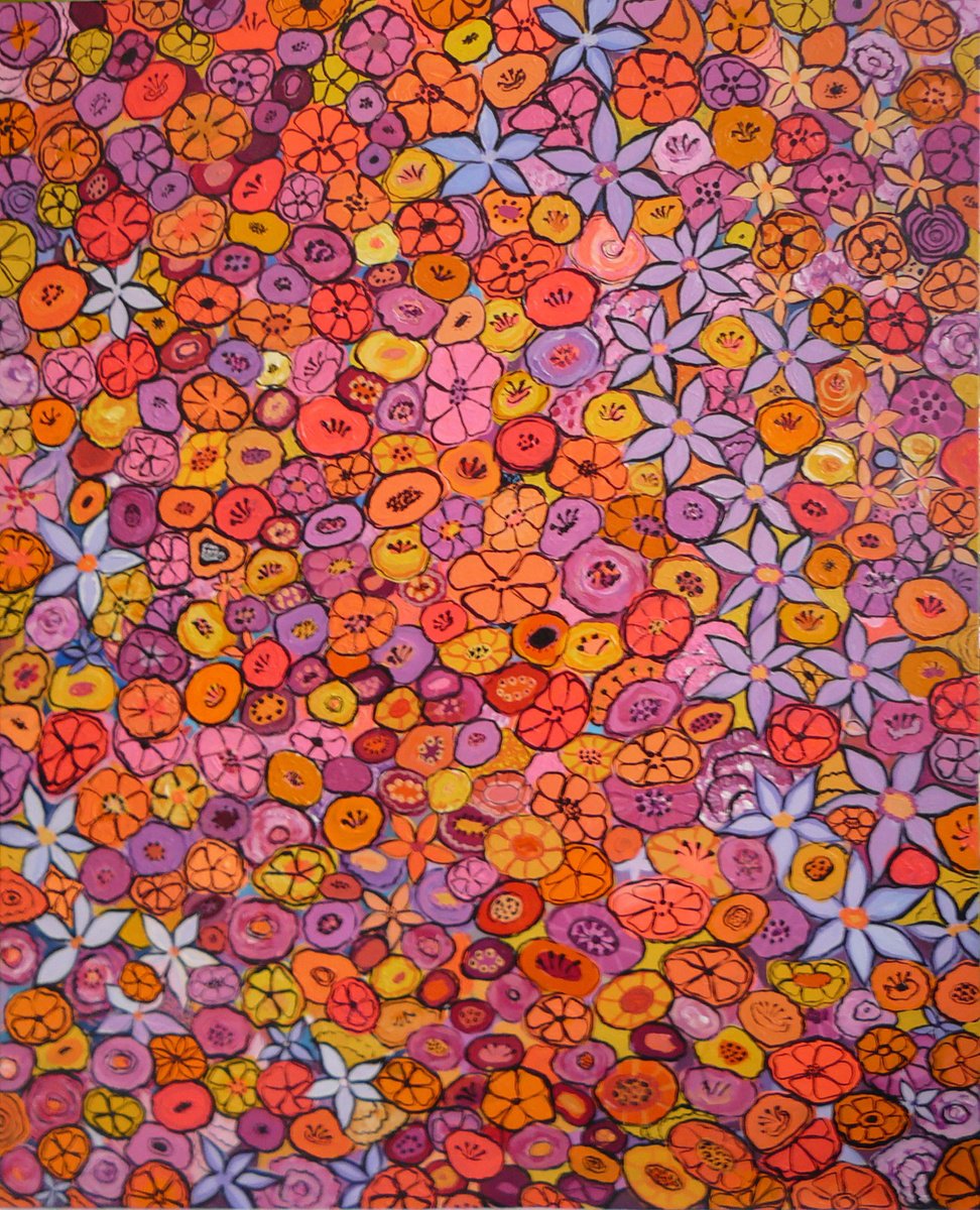 Abstract Botanical Acrylic Painting By Mima Taneva, 31 X 39", The Night Dance Of Flowers, Original Artwork