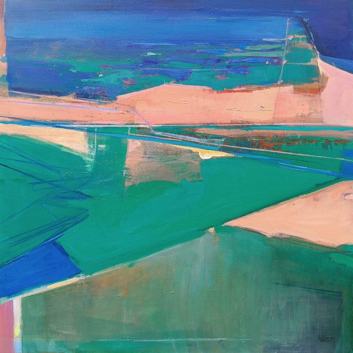 Abstract Landscape Acrylic Painting By Magdalena Morey, 39 X 39", Coastal Perspectives, Original Artwork