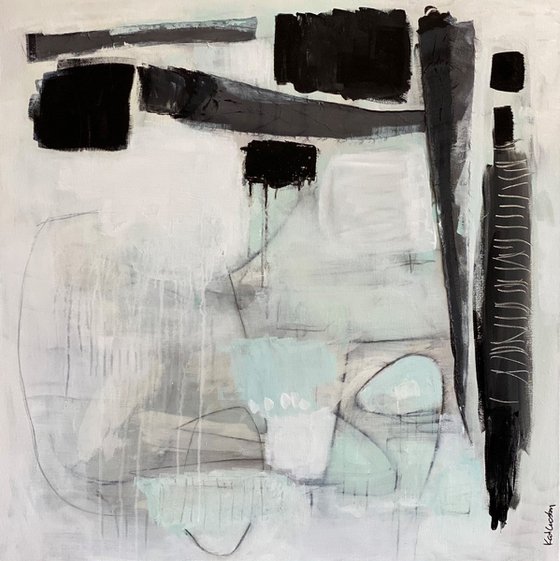 A Day Late and a Dollar Short - playful bold whimsical abstract black and white painting