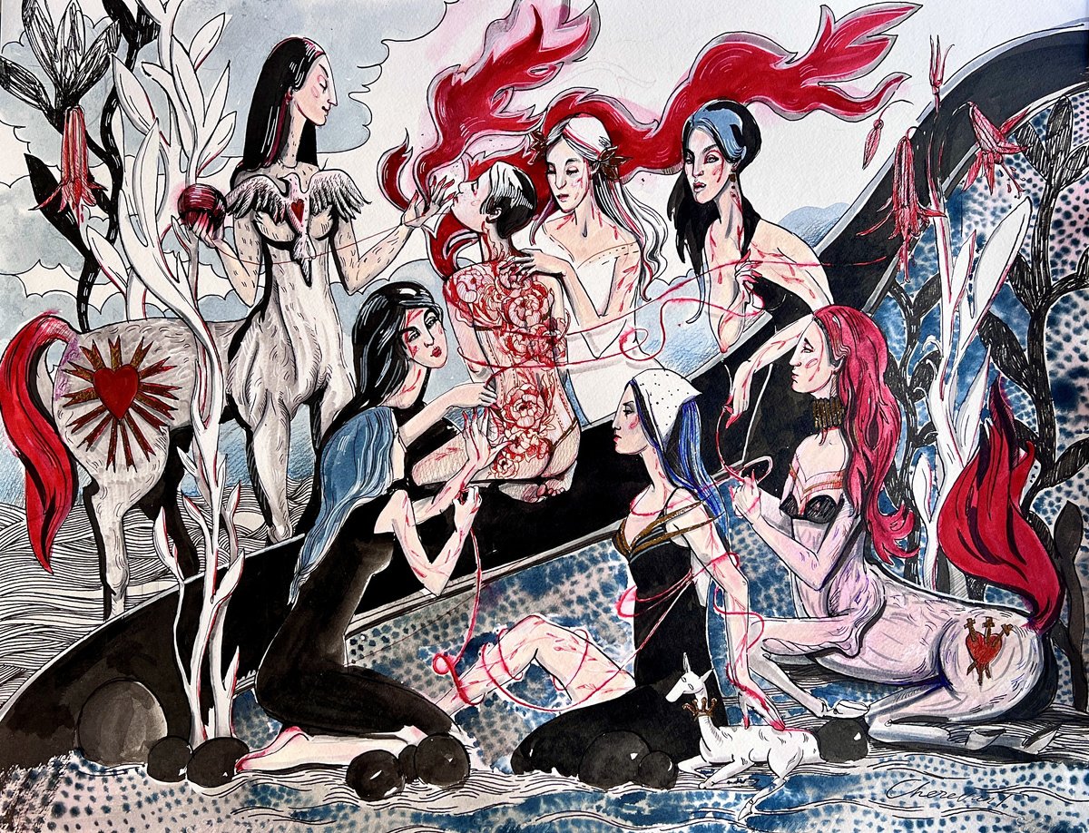 Graphic Portrait Ink Drawing By Tetiana Cherevan, 26 X 20", The Pulse Between Us, Original Artwork