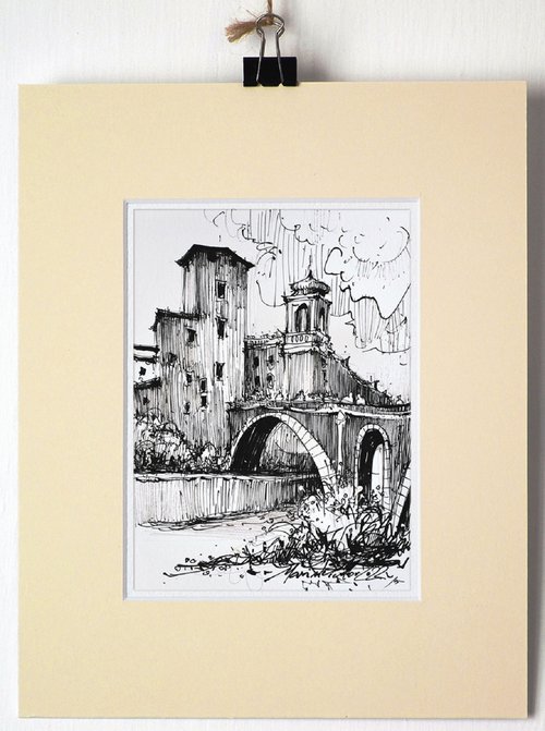 Rome, Ponte Fabricius, ink original drawing on paper, 2022 by Marin Victor