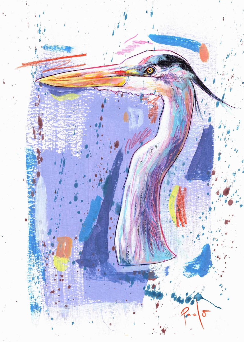 Illustrative Animal Acrylic Painting By Paul Ward, 8 X 12", Grey Heron, Original Artwork