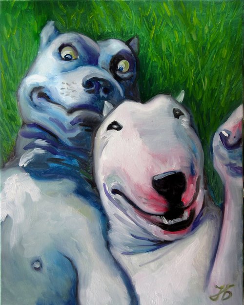 "Dog`s Friendship" Bull Terrier and Pit Bull Terrier Hand Painted Custom Dog Oil Painting (paint pet or animal from photo), Commission Portrait Painting by Nadia Bykova
