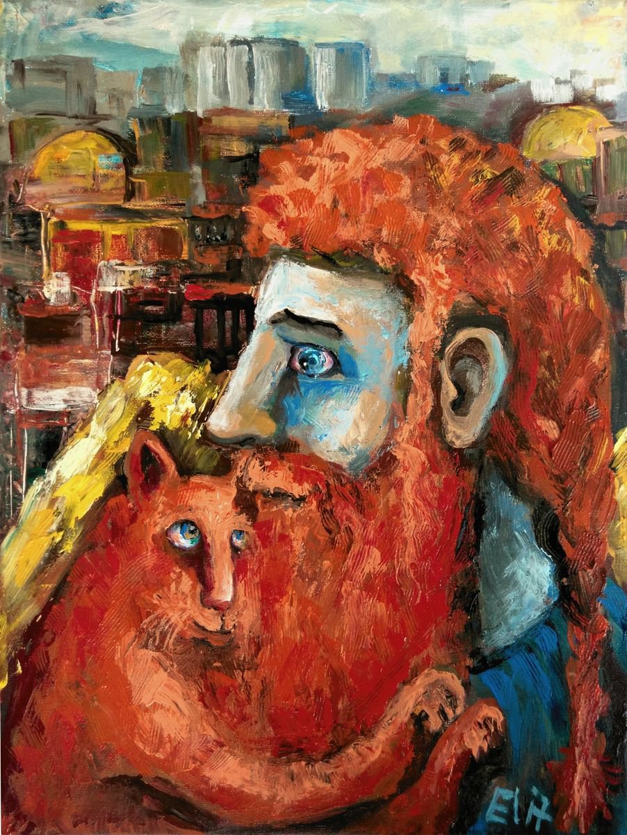 Expressive Portrait Acrylic Painting By Elisheva Nesis, 12 X 16, Reds, Original Artwork