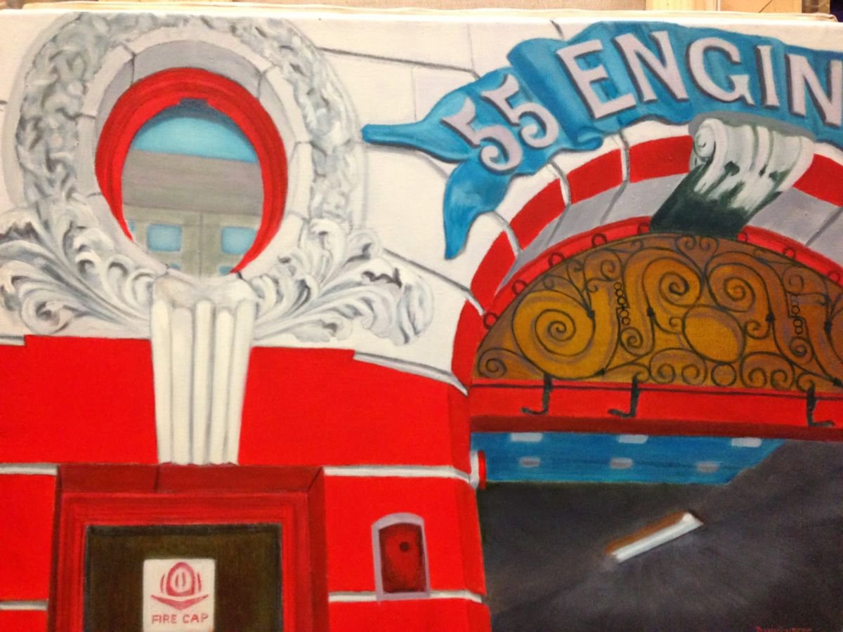 Photorealistic Cityscapes Oil Painting By Leslie Dannenberg, 24 X 18", Engine Company 55, Original Artwork