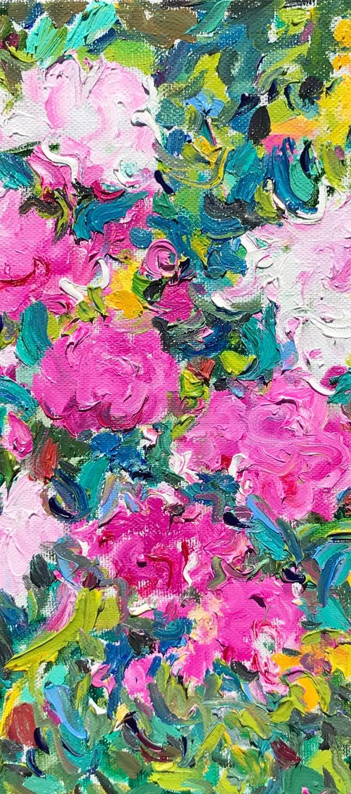 PEONIES - floral art, nature, panel with peony, original painting plants trees landscape green pink summer, impressionism art, interior home decor 85x100 by Karakhan