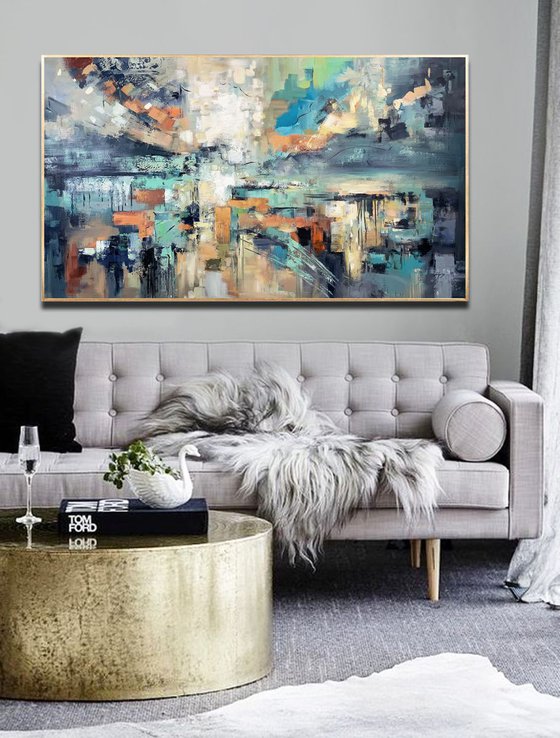 Shining Light - Extra Large Abstract Painting 71" x 40" , Oversize Canvas, Gray, Blue Gold Leaf Soft Colors White Gray Painting