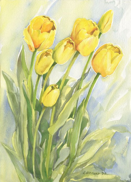 Yellow tulips / ORIGINAL watercolor 11x15in (28x38cm) by Olha Malko