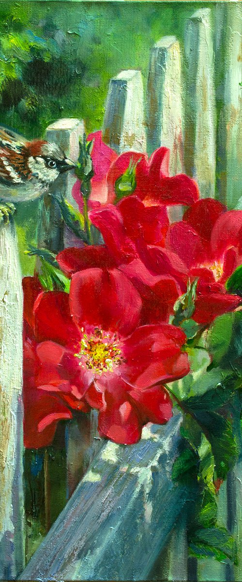 "Sparrow and rose"  liGHt original painting PALETTE KNIFE  GIFT (2018) by Anna Bessonova (Kotelnik)