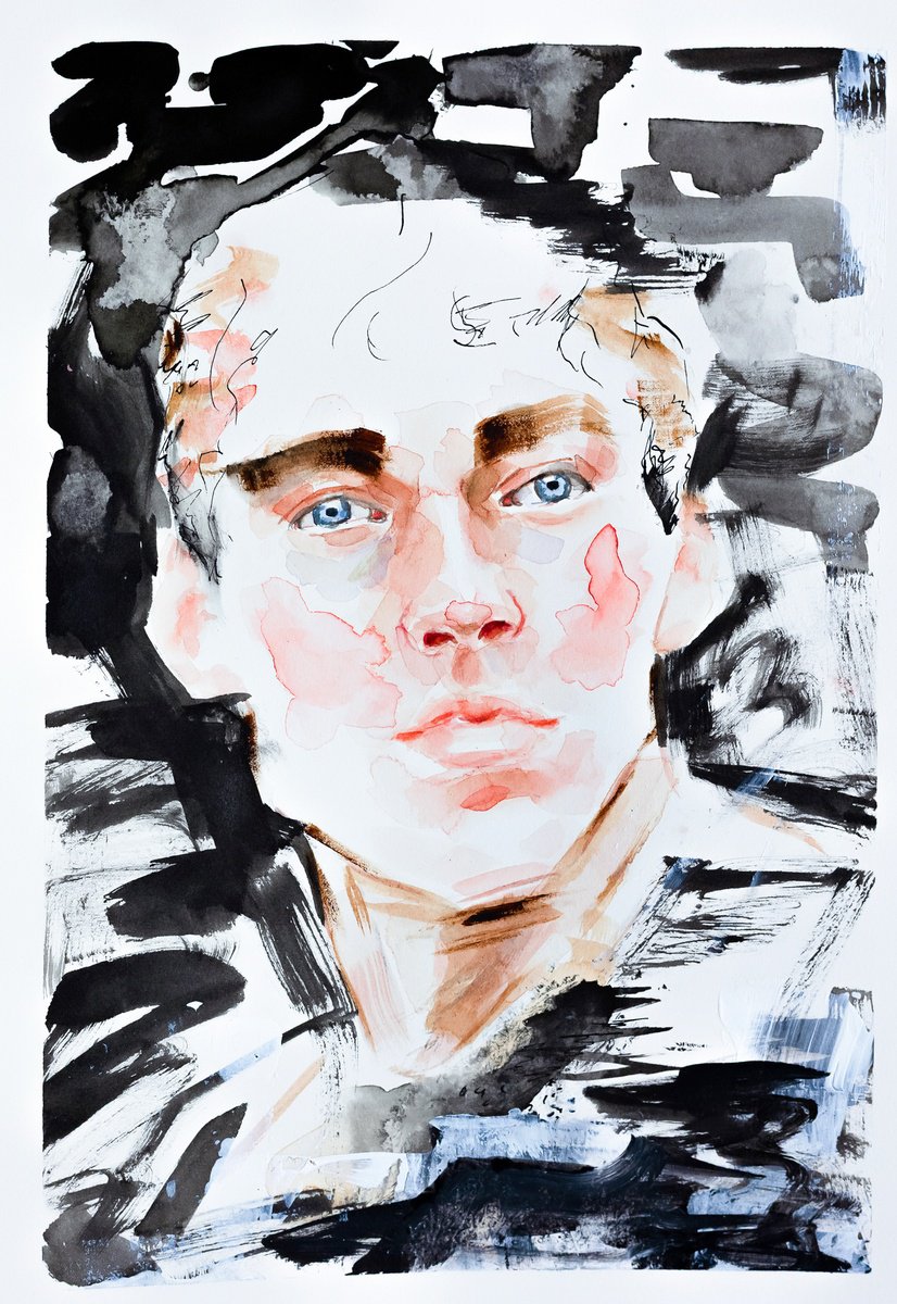 Expressive Portrait Watercolour By Anastasia Bas, 8 X 11, Between Black And White, Original Artwork