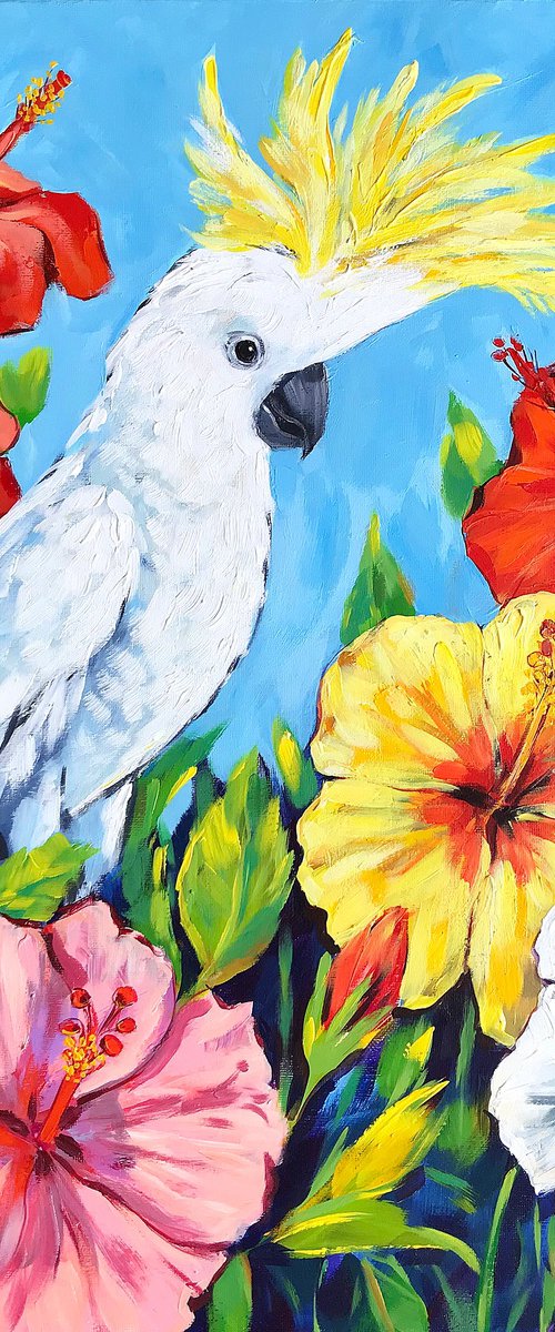 White Cockatoo and Hibiscus flowers by Irina Redine