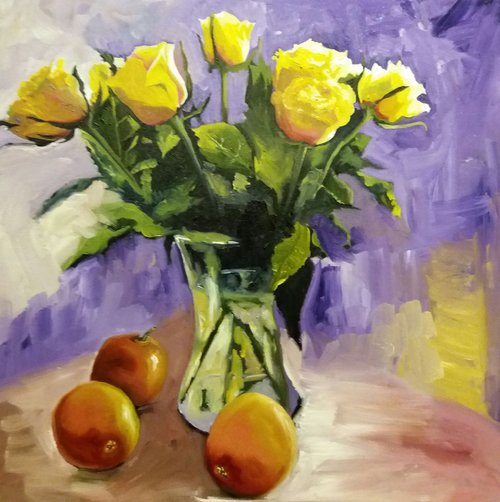 Friendship Yellow Roses - (Square floral oil painting) by Marjory Sime