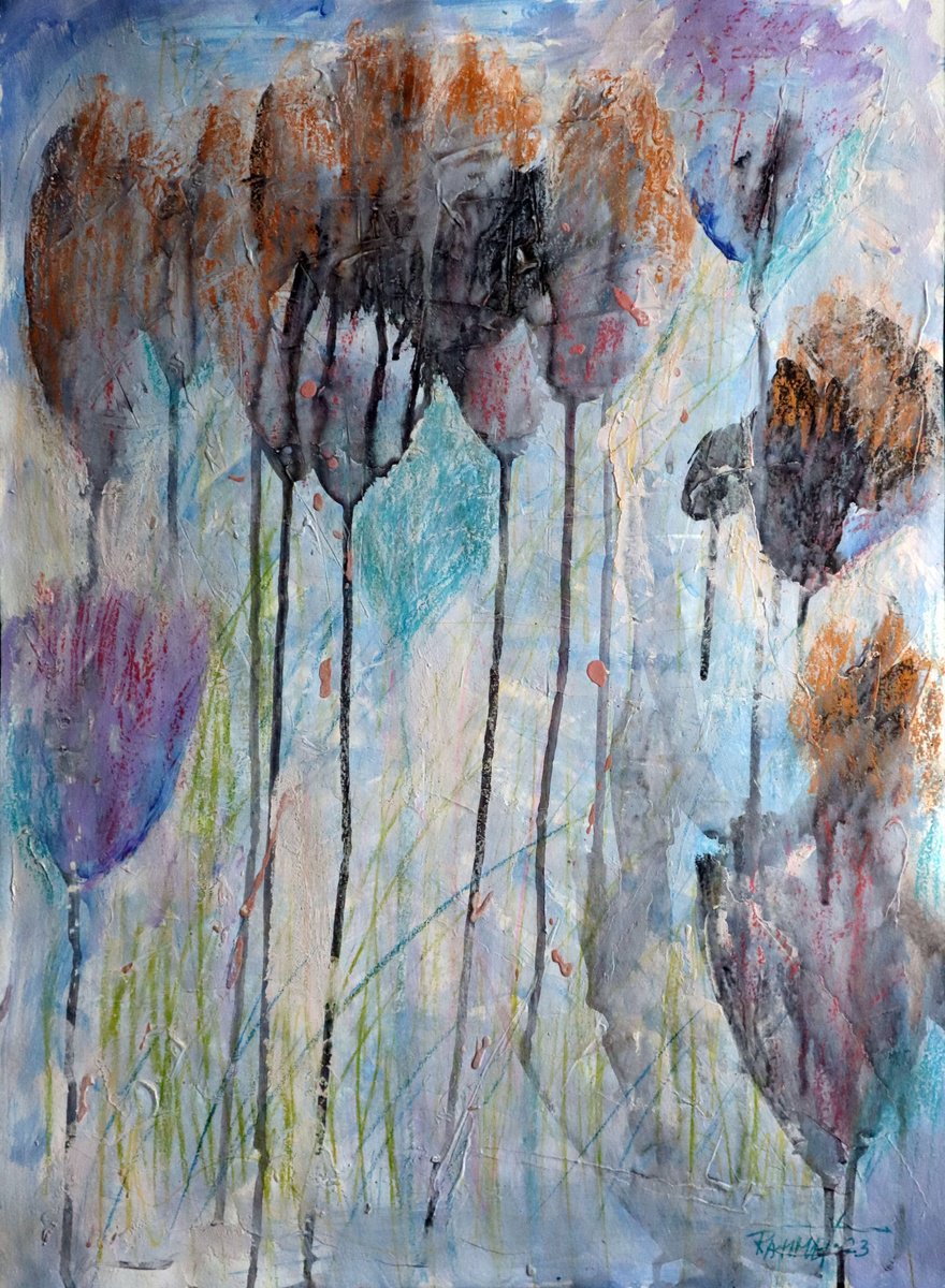 Impressionistic Botanical Acrylic Painting By Rakhmet Redzhepov, 17 X 23", Fantasy With Flowers 75, Original Artwork