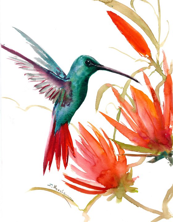 Flying Hummingbird and Flowers