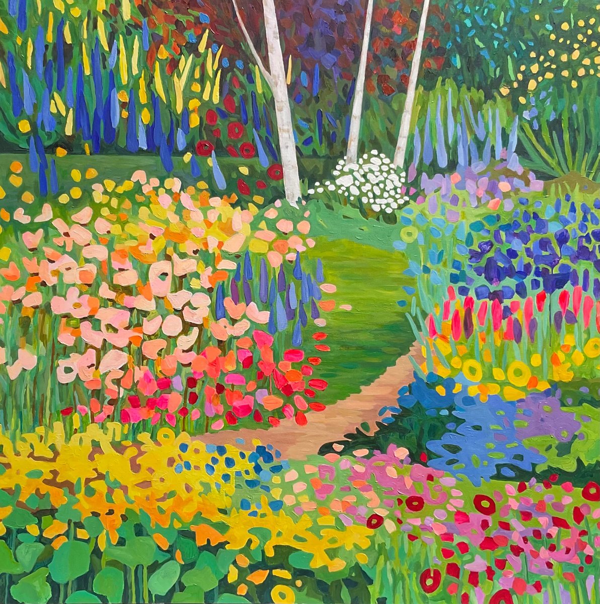Impressionistic Botanical Acrylic Painting By Christine Harrison, 40 X 40, Flower Garden Iii, Original Artwork
