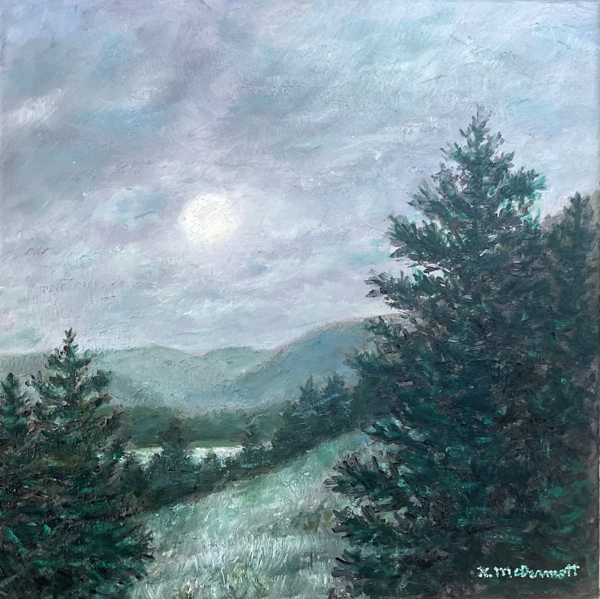 Photorealistic Landscape Oil Painting By Kathleen Mcdermott, 12 X 12", Moonlit Night - Oil 12X12, Original Artwork