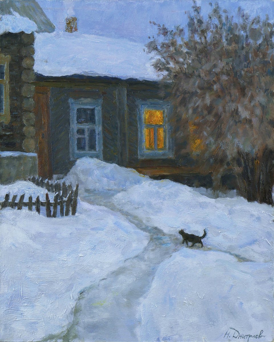 The Walking Cat - winter landscape painting by Nikolay Dmitriev