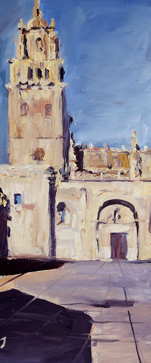 Salamanca. View of the Cathedral. Original oil painting. ORIGINAL OIL. MEDIUM SIZE ORIGINAL STREET LANDSCAPE SPAIN CATILLA Y LEON ARCHITECTURE SUNLITE DRAMATIC OLD TOWN TRAVEL by Sasha Romm