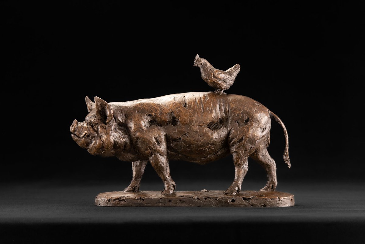 Animal Bronze Sculpture By Tanya Russell, 13 X 9", Pig And Chicken Fb, Original Artwork