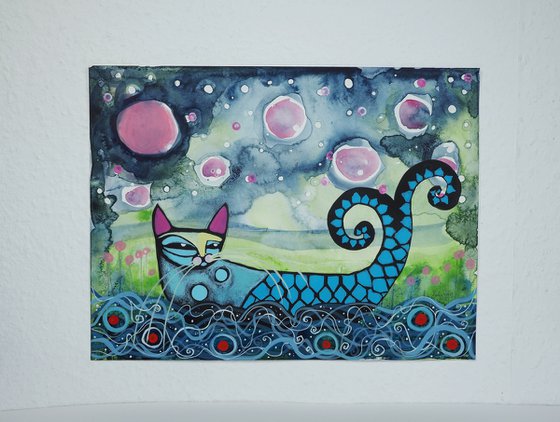 Happy Night Swim - funny cat art