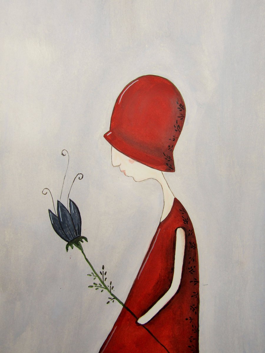 The girl in red with a flower - oil on paper by Silvia Beneforti