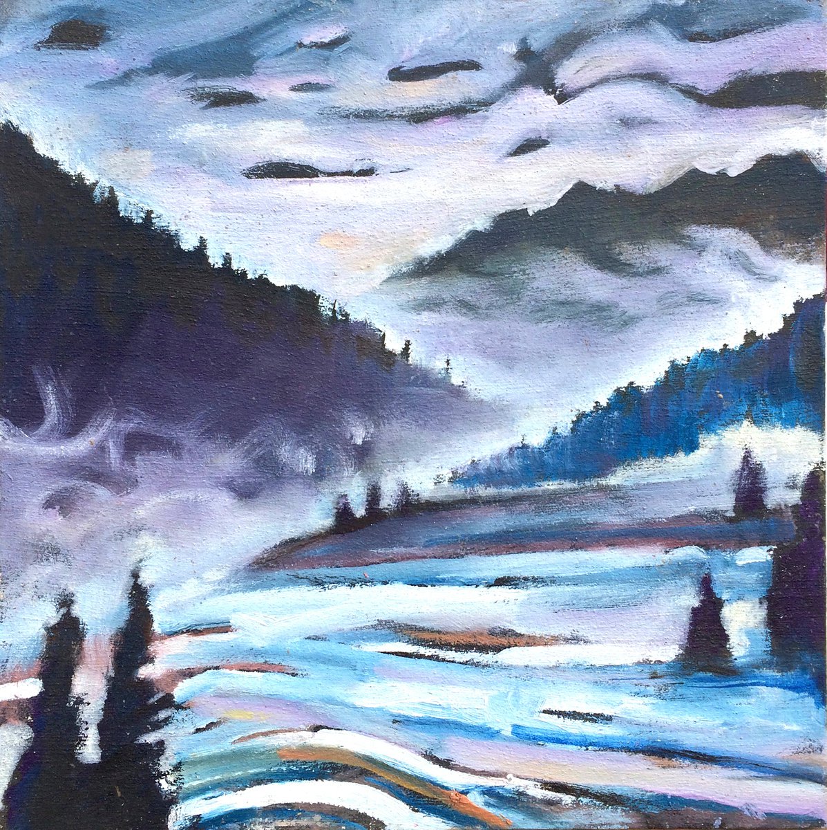 Impressionistic Landscape Oil Painting By Guy Pickford, 12 X 12, Winter Mountains, Original Artwork