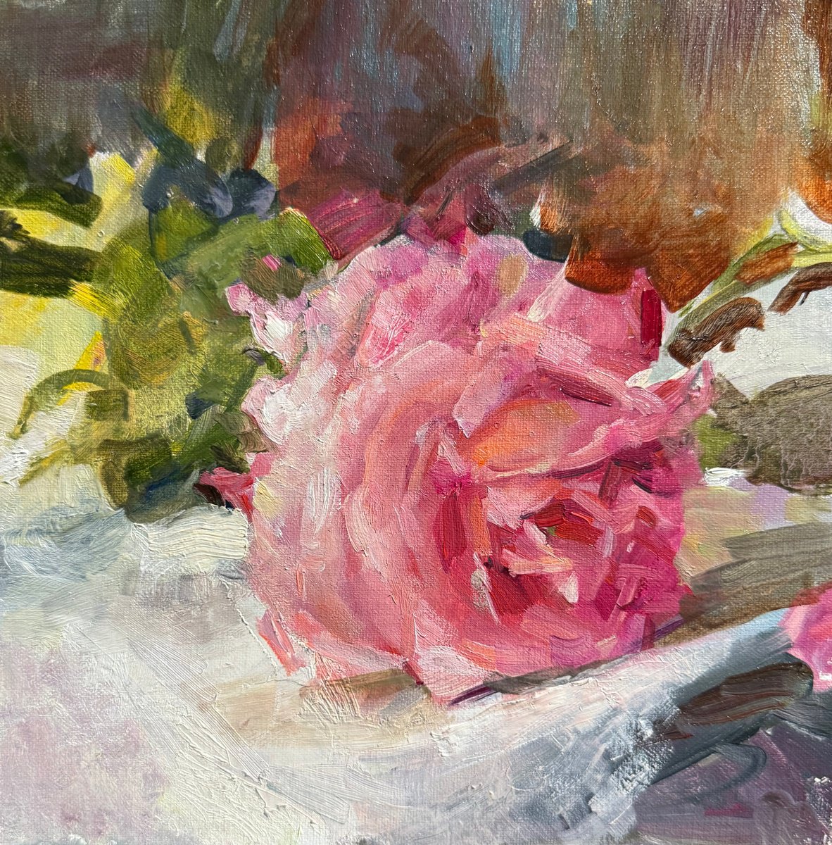 Impressionistic Botanical Oil Painting By Olga Bolgar, 8 X 8", Solitary Bloom, Original Artwork