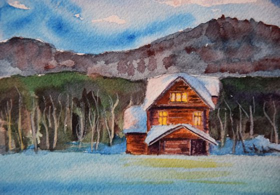 Winter watercolor painting Sunset snowy cabin house