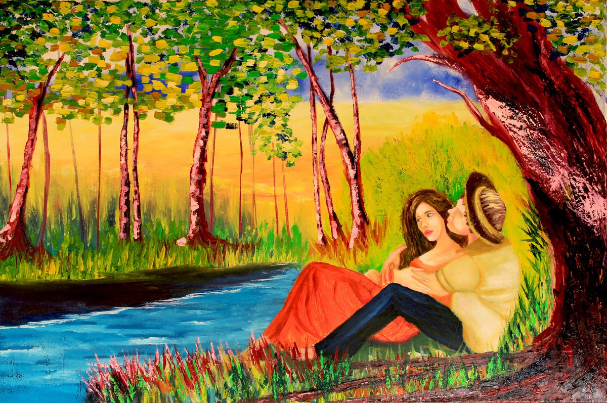 lovers by the river painting impressionist original by Olya Shevel