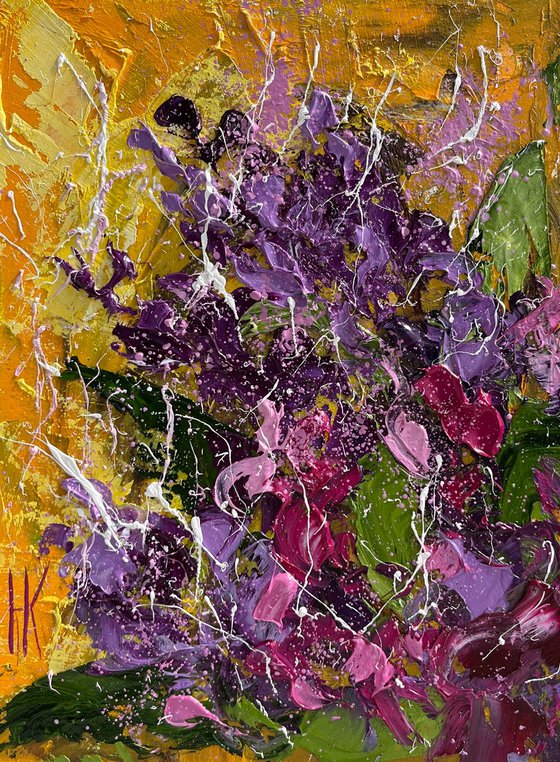 Lilac Painting Impasto Original Art Flowers Small Oil Artwork Floral Wall Art 6 by 8" by Halyna Kirichenko