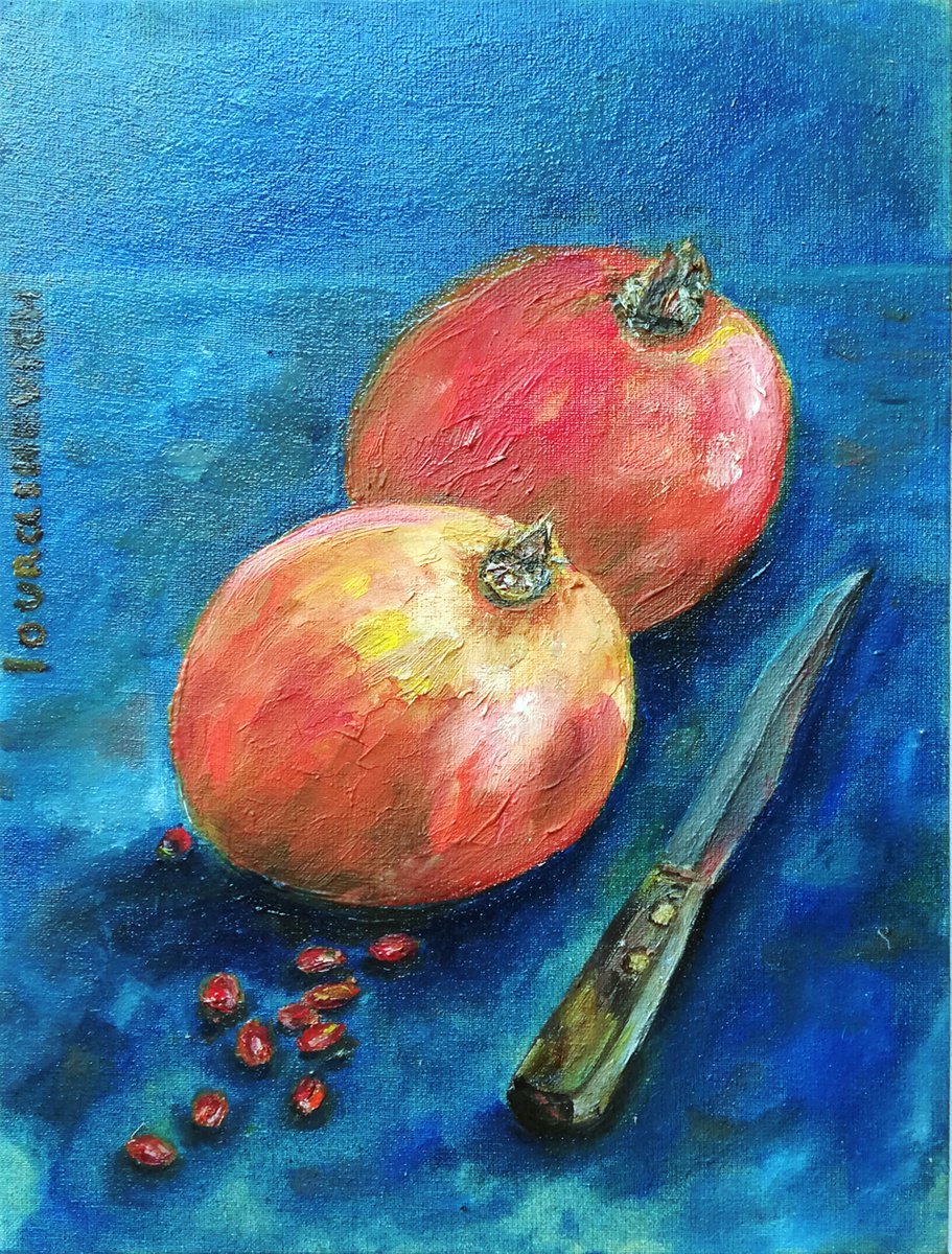 A Still Life with two pomegranates and a knife Original Oil Painting 9x7 by Katia Ricci