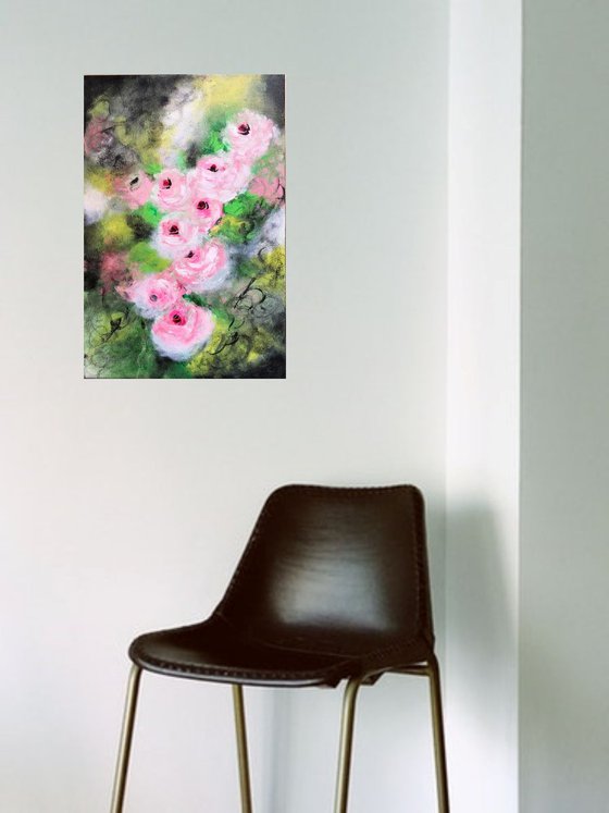 Vintage Pink Roses !! Ready to hang !! Abstract !! Floral Painting !!