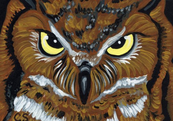 ACEO ATC Original Miniature Painting Tiger Owl Bird Wildlife Art-Carla Smale