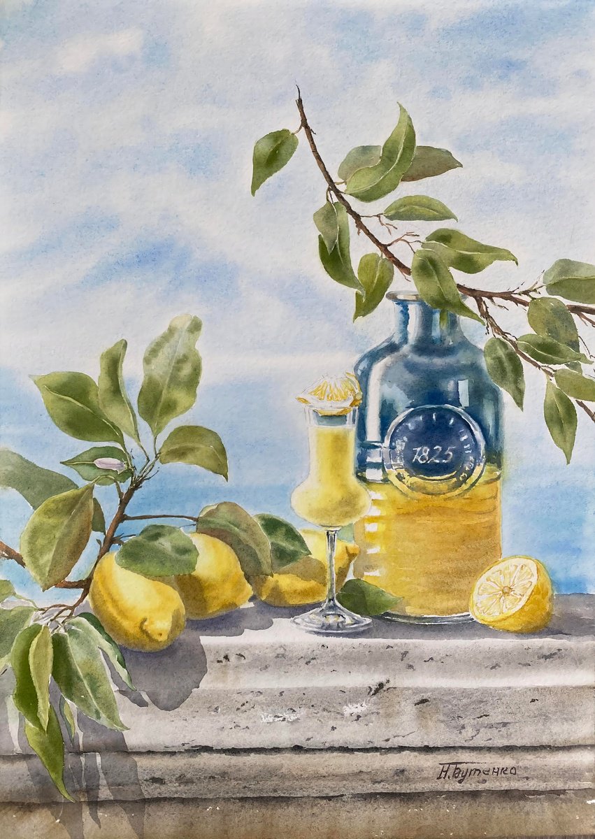 Illustrative Still Life Watercolour By Natalia Butenko, 15 X 20", Limoncello, Original Art, Original Artwork