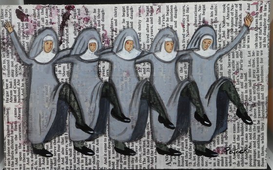Five Nuns Line Dancing High Kick original acrylic painting on Bible pages