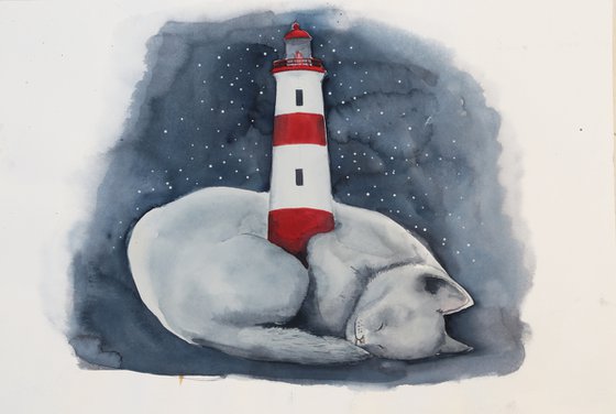 Sleepin Cat And Lighthouse